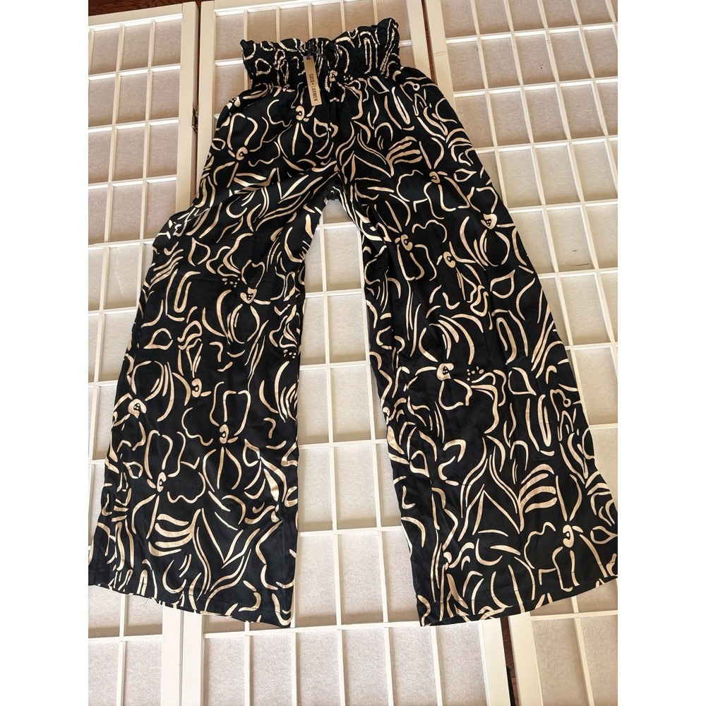 NWT Coco + Carmen Womens XS Black Beige Palazzo Floral Wide Leg Pants Smocked